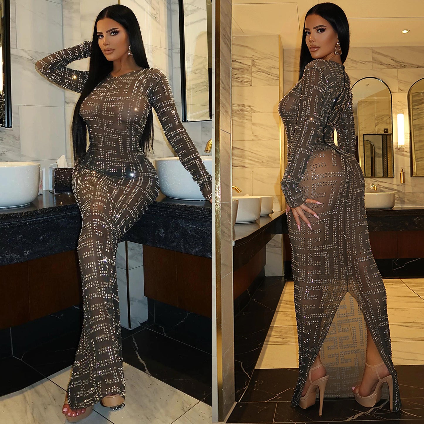 Damen Glitzerndes Bodycon-Kleid aus elastischem Material mit langen Ärmeln Stalluxe