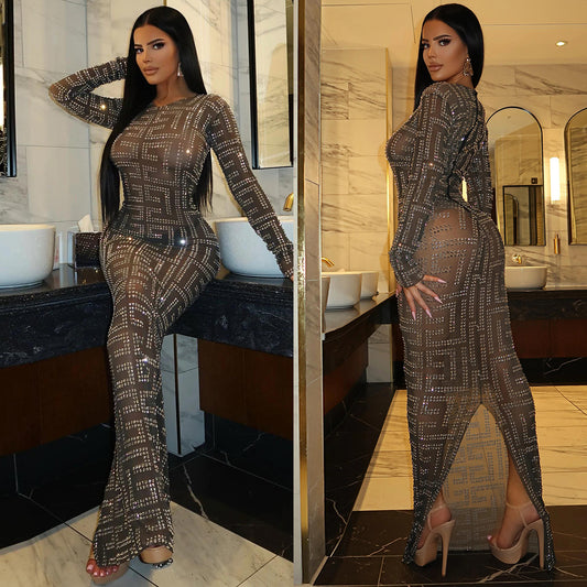 Damen Glitzerndes Bodycon-Kleid aus elastischem Material mit langen Ärmeln Stalluxe