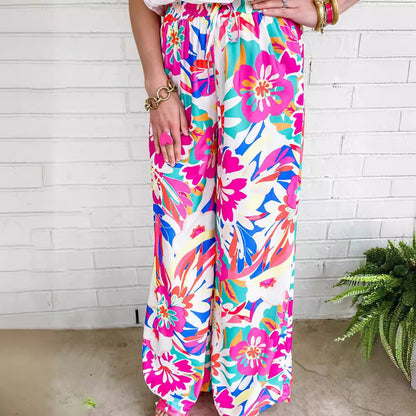Damen Weit geschnittene Freizeithose mit buntem Blumenmuster und elastischem Bund Stalluxe