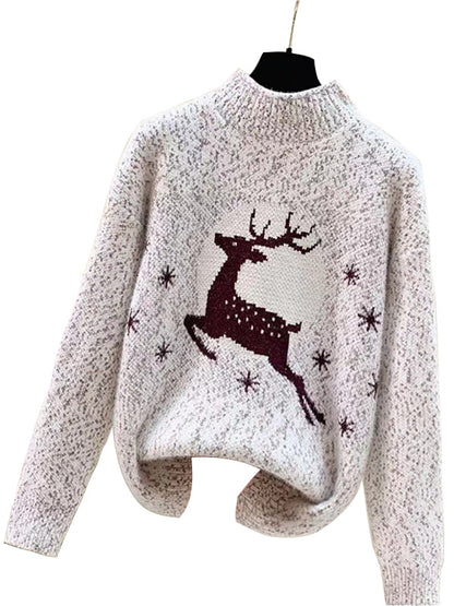Damen Strickpullover mit festlichem Rentiermotiv und hochgeschlossenem Kragen Stalluxe