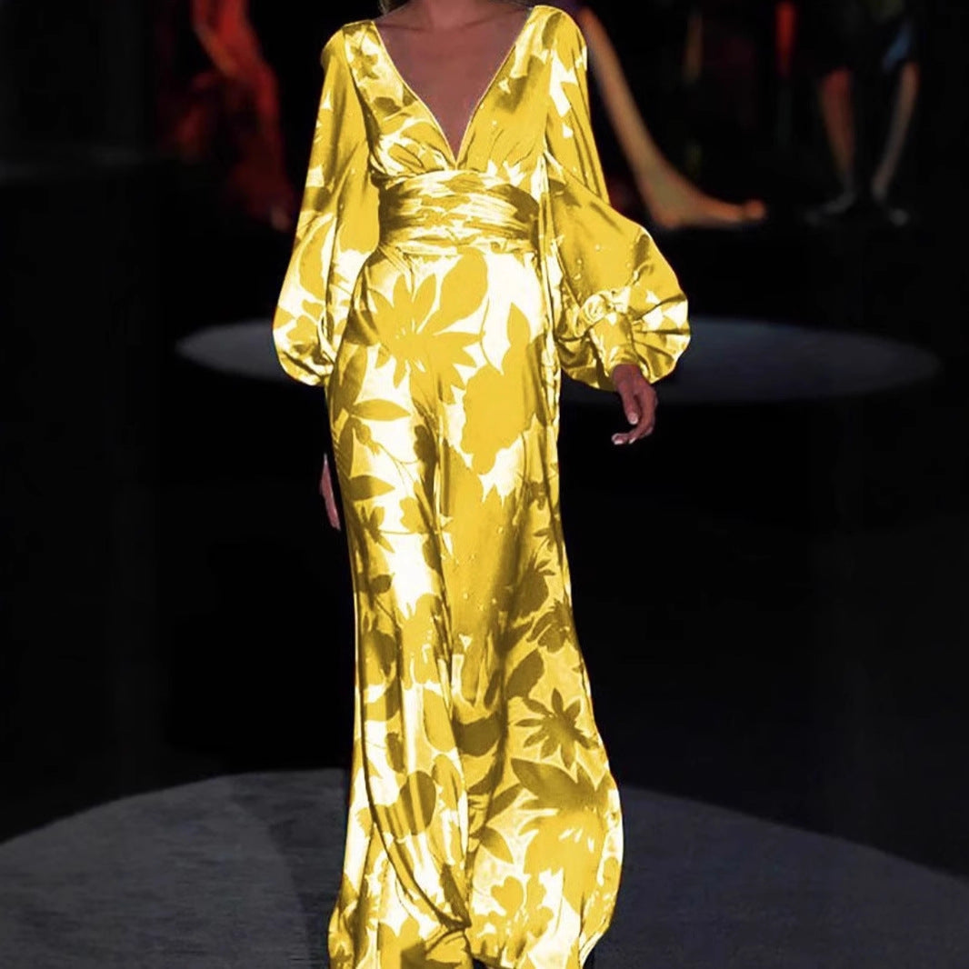 Damen Maxi-Kleid mit tiefem V-Ausschnitt und voluminösen Ärmeln Stalluxe
