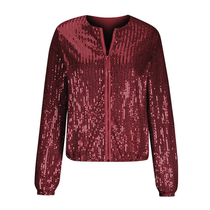 Damen Glamouröse Paillettenjacke mit durchgehendem Reißverschluss und langem Arm Stalluxe