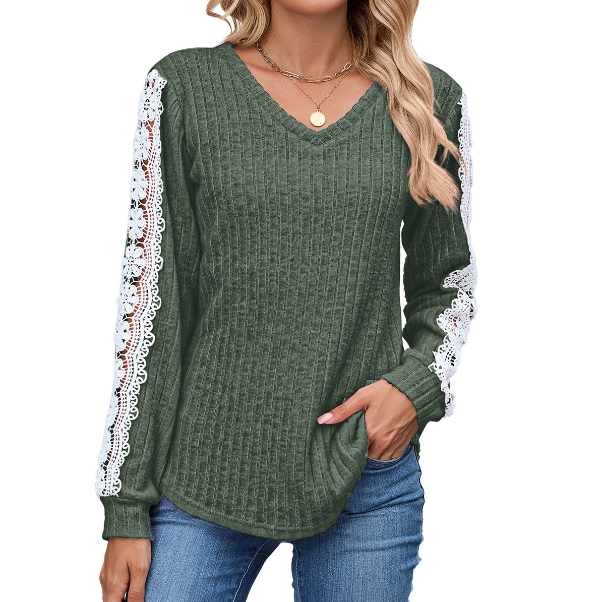 Damen Relaxed Fit V-Ausschnitt Pullover mit Spitzenakzenten Stalluxe