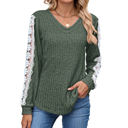 Damen Relaxed Fit V-Ausschnitt Pullover mit Spitzenakzenten Stalluxe
