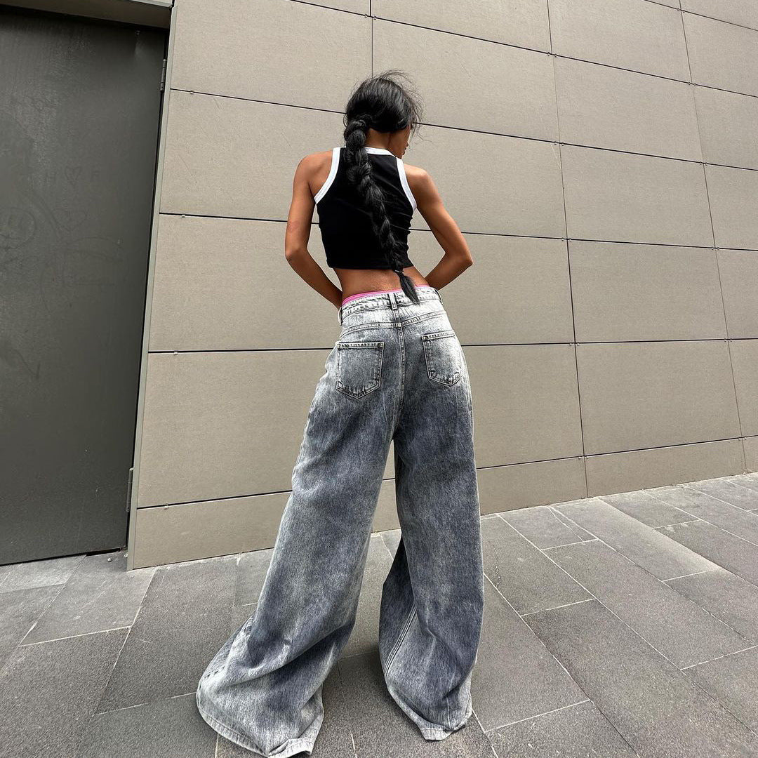 Damen Weite Jeanshose im Vintage-Stil mit hohen Seitentaschen Stalluxe