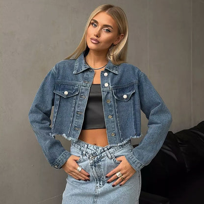 Damen cropped Denimjacke mit lässigen Fransen Stalluxe
