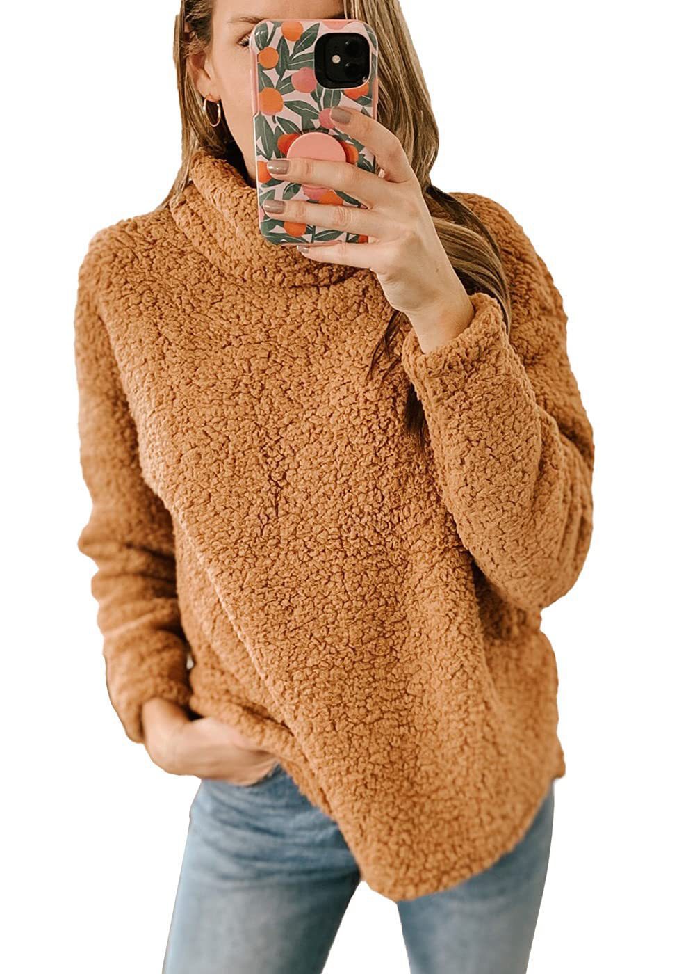 Damen Kuscheliger Sweatshirt-Pullover mit hohem Kragen und strukturiertem Fleece Stalluxe Camel