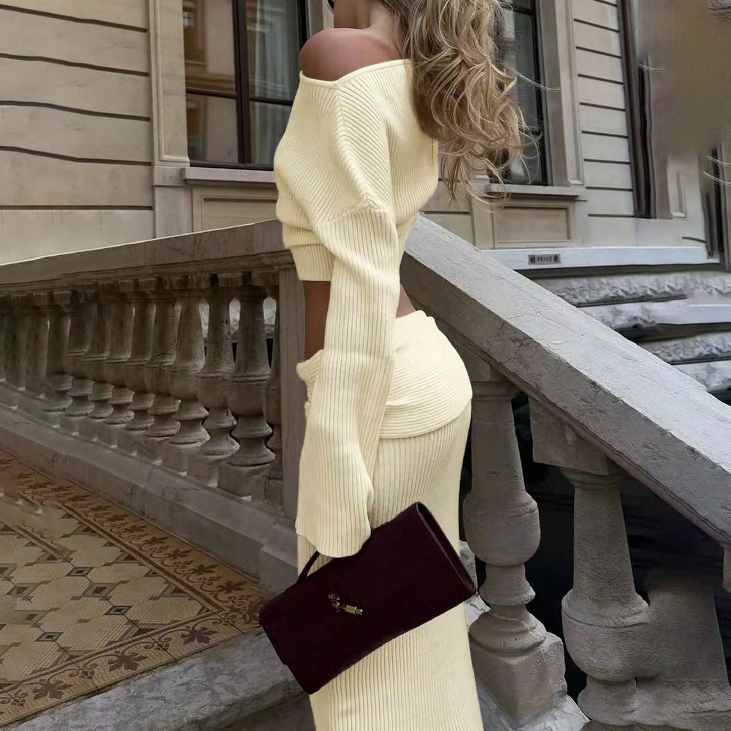 Damen Strick-Set mit schulterfreiem Oberteil und schickem Maxi-Rock Stalluxe