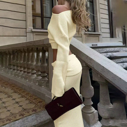Damen Strick-Set mit schulterfreiem Oberteil und schickem Maxi-Rock Stalluxe