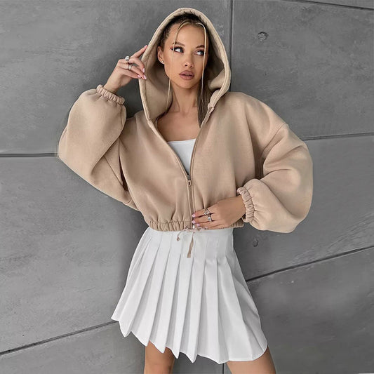 Damen cropped Fleece-Hoodie mit Kordelzug und weiten Ärmeln Stalluxe