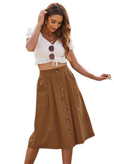 Women's Button-Front A-Line Skirt with Pockets Stalluxe