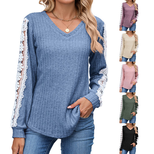 Damen Relaxed Fit V-Ausschnitt Pullover mit Spitzenakzenten Stalluxe