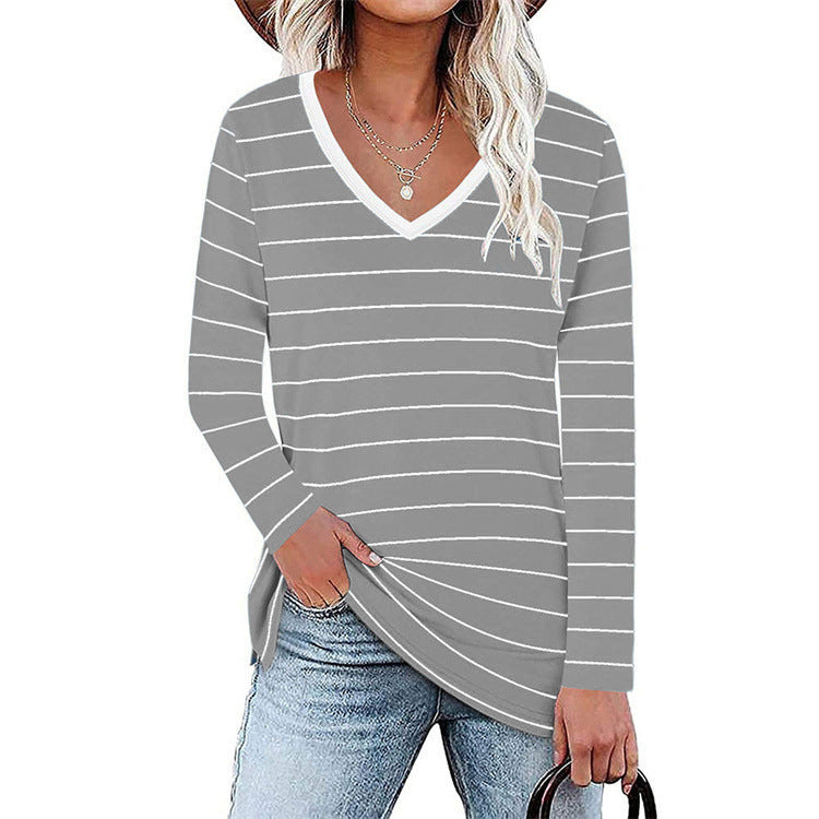 Damen V-Ausschnitt Langarmshirt mit Streifenmuster und seitlichen Schlitzen Stalluxe