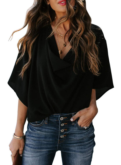 Damen elegante Bluse mit drapiertem V-Ausschnitt und weit geschnittenen Ärmeln Stalluxe