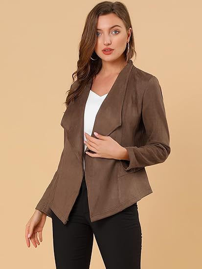 Damen modische Synthetiklederjacke mit offenem Schnitt und Taschen Stalluxe