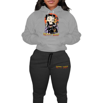 Damen modernes Kapuzenpullover und lässige Jogginghose Set mit künstlerischem Cartoon-Druck Stalluxe