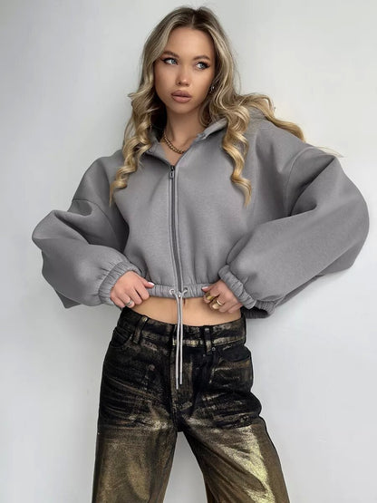 Damen cropped Fleece-Hoodie mit Kordelzug und weiten Ärmeln Stalluxe