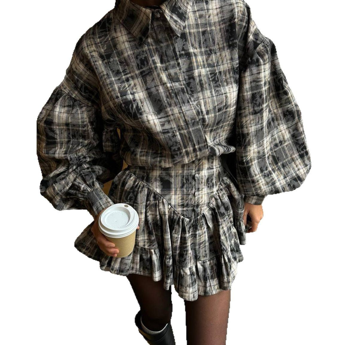 Damen Karottenkleid mit voluminösen Ärmeln und verspieltem Rüschensaum Stalluxe