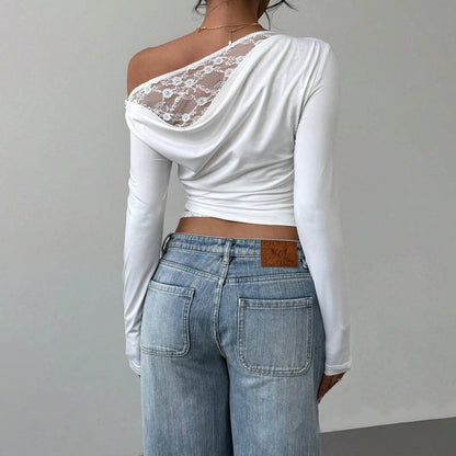 Damen Lässiges Langarmoberteil mit asymmetrischem Ausschnitt und transparenten Details Stalluxe