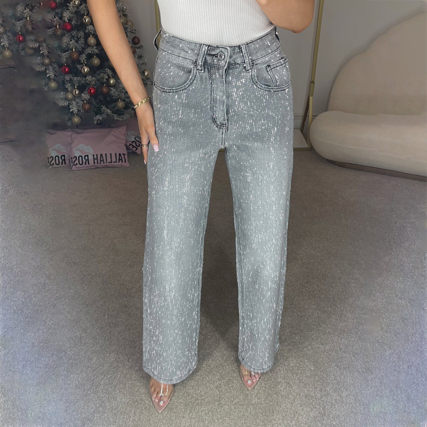 Damen Jeans mit glitzernden Applikationen und lässigem Schnitt Stalluxe