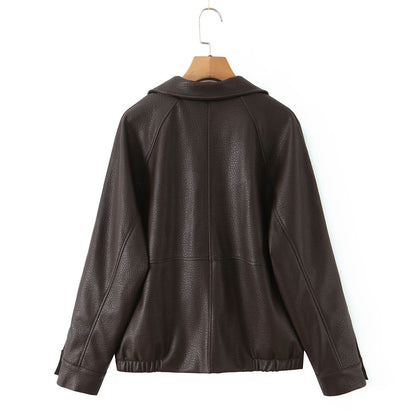 Damen modische Kunstlederjacke mit doppelter Knopfleiste und breitem Revers Stalluxe