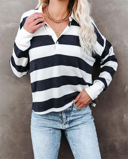 Damen lässiges Langarmshirt mit Streifenmuster und Knopfleiste Stalluxe