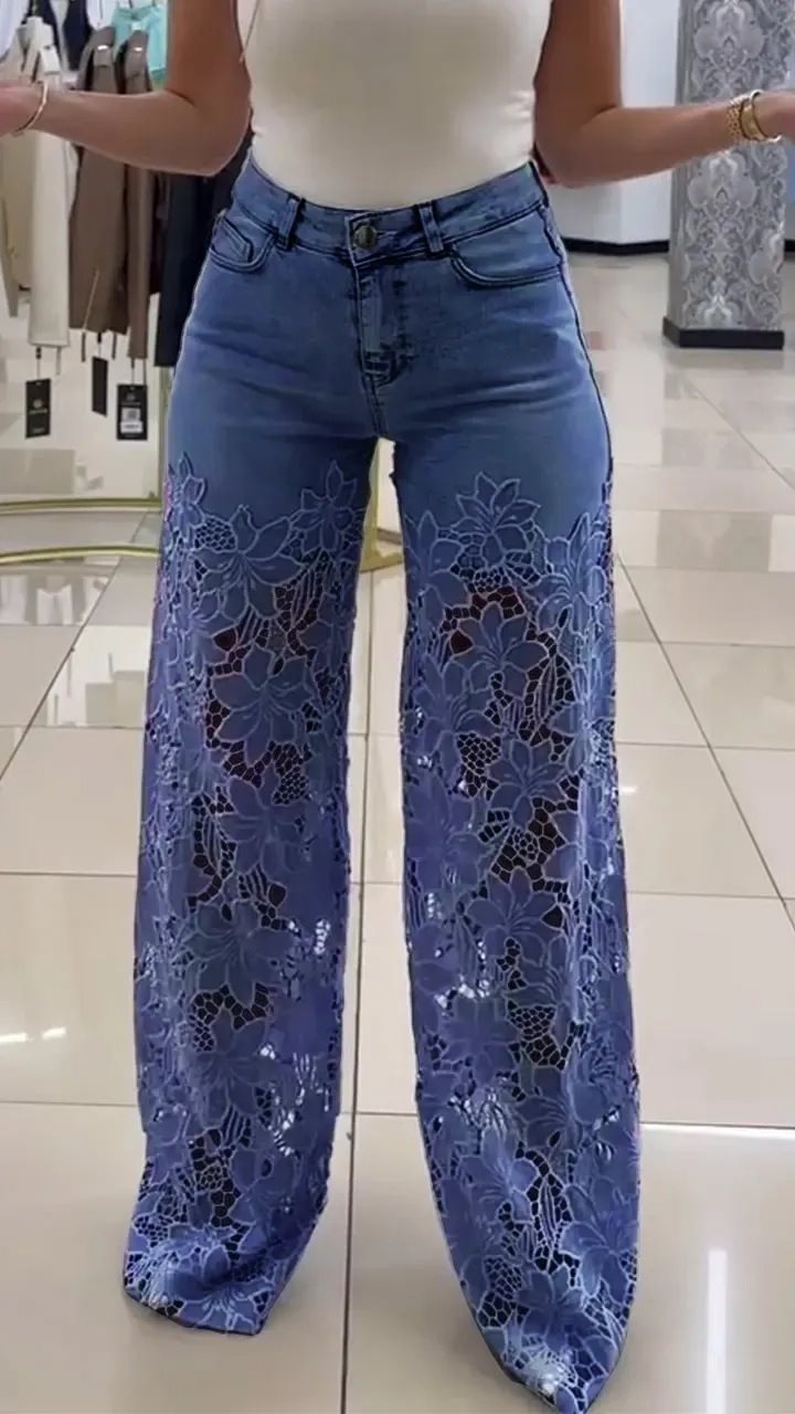 Damen Weite Palazzo-Jeans mit floralem Spitzenmotiv Stalluxe