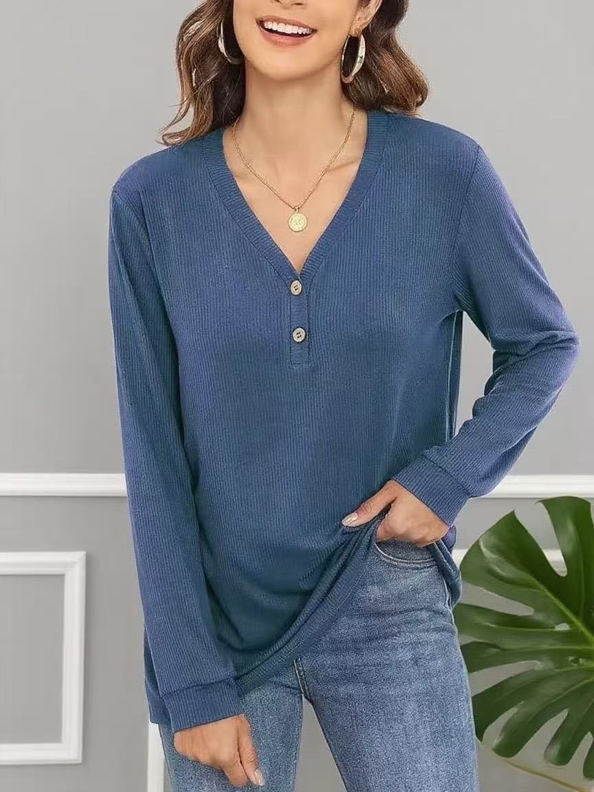 Damen lässiges Langarmshirt mit Knopfleiste und feiner Struktur Stalluxe