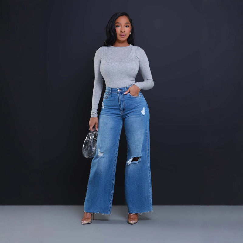 Damen Weit geschnittene Jeans mit stylishen Distressed-Details Stalluxe