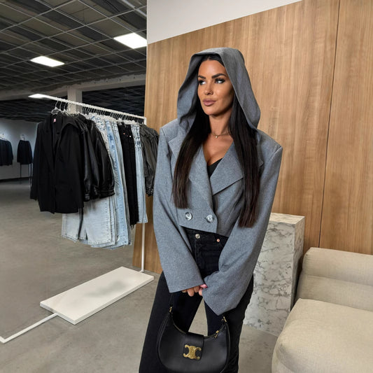 Damen Eleganter Mantel mit Kapuze und doppelter Knopfleiste Stalluxe