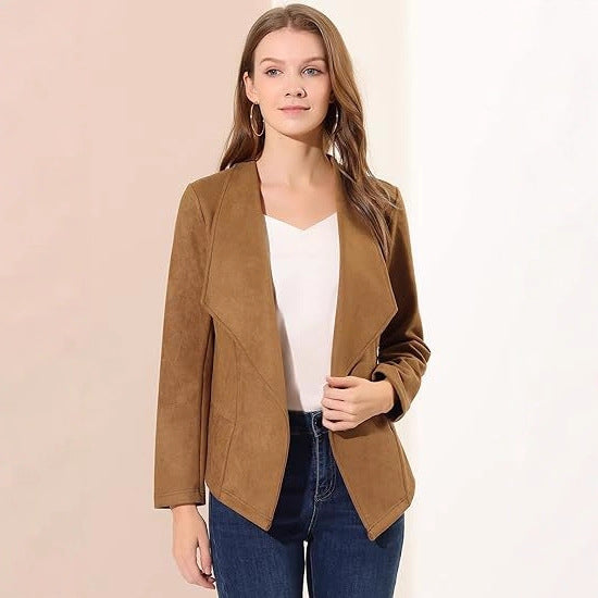 Damen modische Synthetiklederjacke mit offenem Schnitt und Taschen Stalluxe