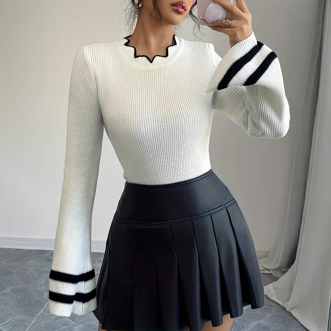 Damen modischer Strickpullover mit Wellenkragen und weitem Ärmel Stalluxe