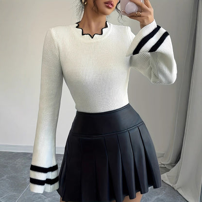 Damen modischer Strickpullover mit Wellenkragen und weitem Ärmel Stalluxe