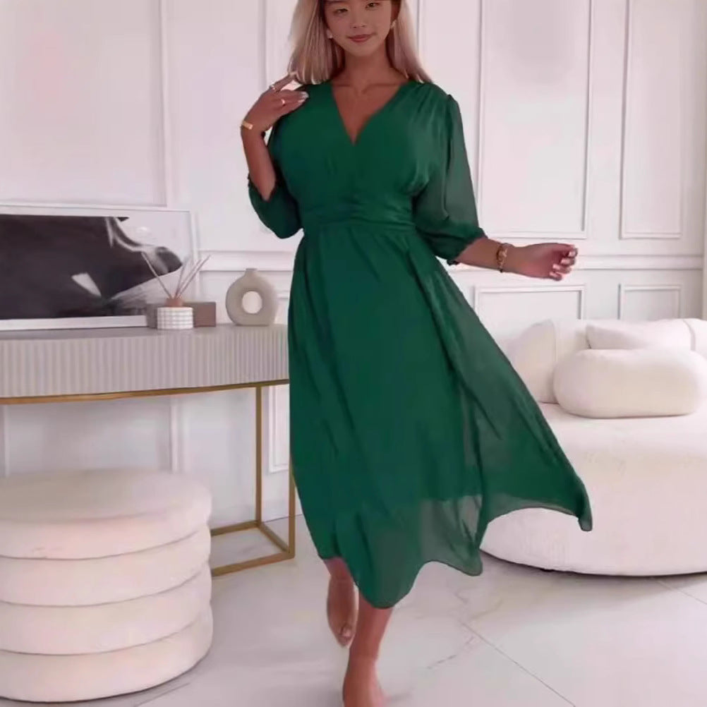 Damen Midikleid mit raffiniertem V-Ausschnitt und Puffärmeln Stalluxe
