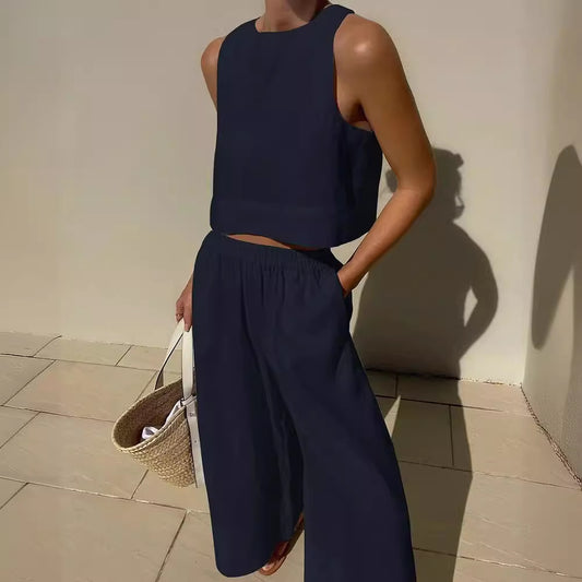 Damen luftiges und modernes Leinen-Set mit Cropped Top und weitem Hose Stalluxe