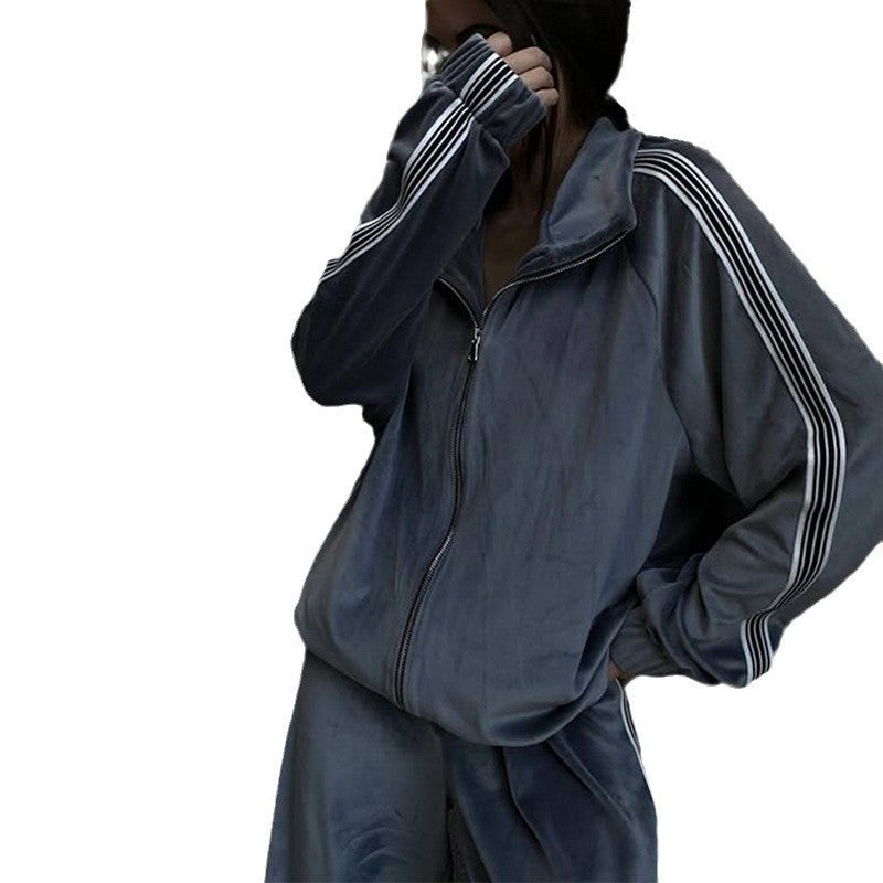 Damen modisches Fleece-Loungewear-Set mit hohem Kragen und praktischen Taschen Stalluxe