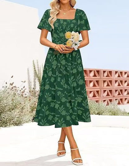 Damen Midi-Kleid mit strukturiertem Oberteil und voluminösen Ärmeln Stalluxe