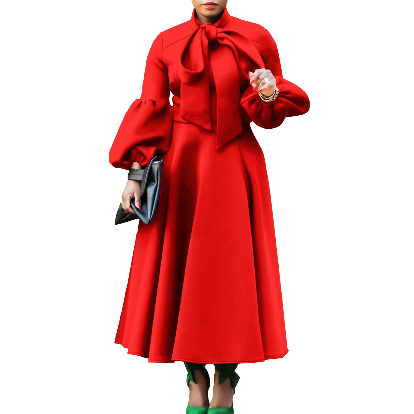 Damen Midi-Kleid mit bindbarem Kragen und voluminösen Ärmeln Stalluxe