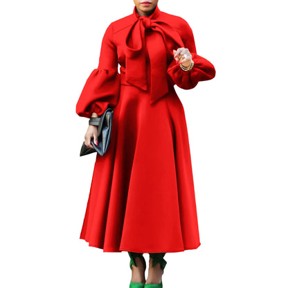 Damen Midi-Kleid mit bindbarem Kragen und voluminösen Ärmeln Stalluxe