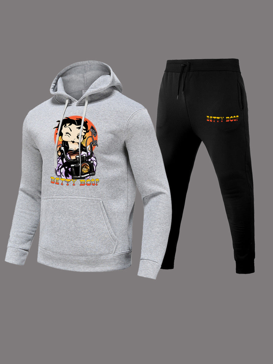 Damen modernes Kapuzenpullover und lässige Jogginghose Set mit künstlerischem Cartoon-Druck Stalluxe