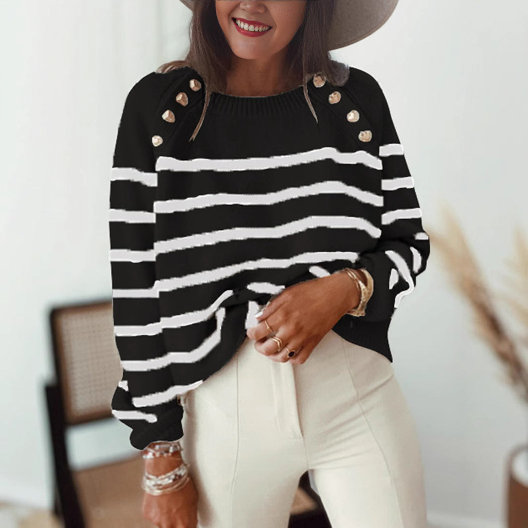 Damen Strickpullover mit stilvollem Streifenmuster und Goldknöpfen Stalluxe