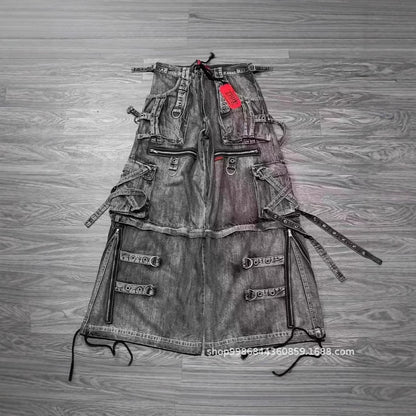 Damen auffällige Denim Latzhose mit abnehmbaren Trägern und vielen Taschen Stalluxe