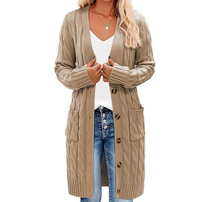 Damen Langer Strickcardigan mit Zopfdesign und praktischen Taschen Stalluxe