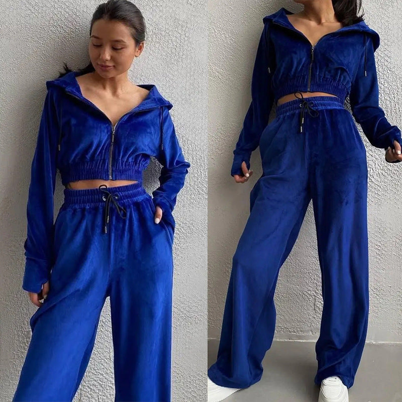 Damen modischer Velours-Jogginganzug mit cropped Hoodie und weitem Bein Stalluxe
