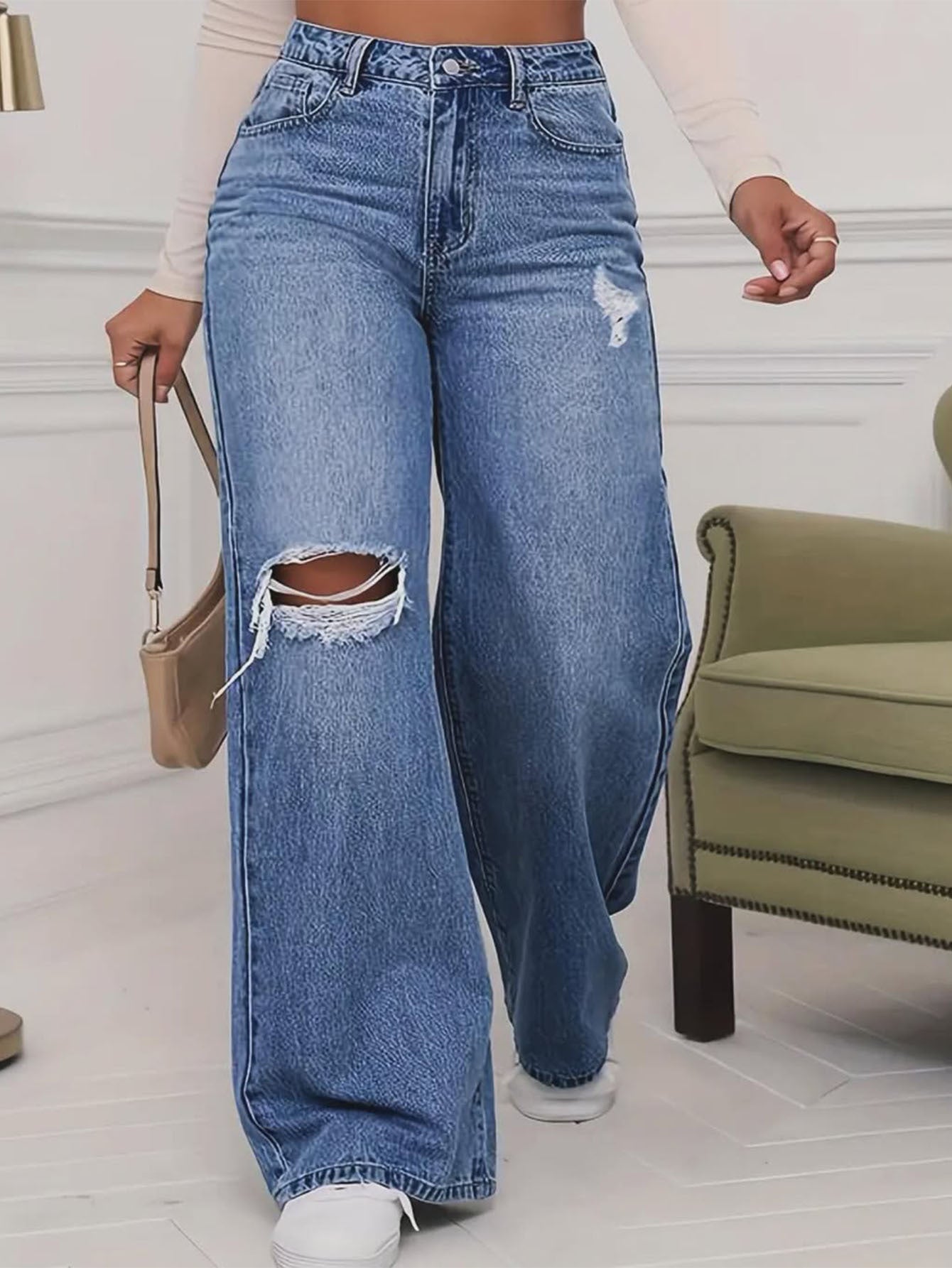 Damen Weit geschnittene Ripped Jeans mit hohem Bund und authentischem Vintage-Look Stalluxe