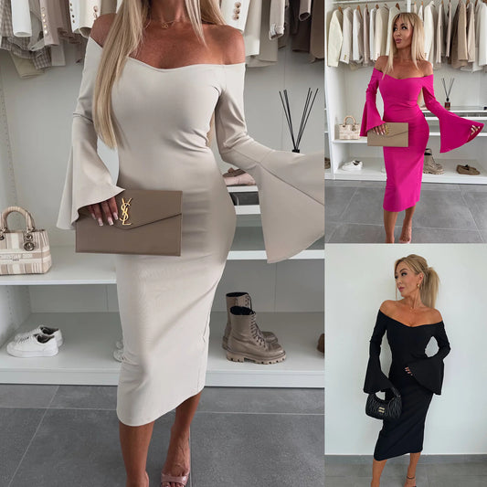 Damen Figurbetontes Kleid mit schulterfreien Ärmeln und ausgestellten Manschetten Stalluxe