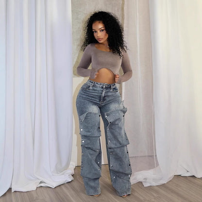 Damen Oversize Cargo-Jeans mit praktischem Knopfverschluss Stalluxe