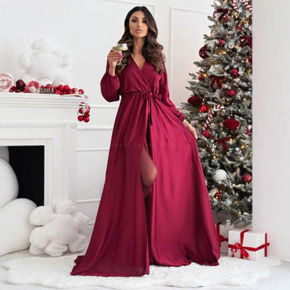 Damen elegantes Maxikleid mit Wickeloptik und hohem Schlitz Stalluxe