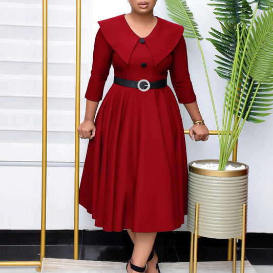 Damen klassisches A-Linien Kleid mit eleganter Kragenpartie und Gürtel Stalluxe