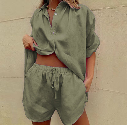 Damen lässiges Leinen-Set mit oversized Hemd und kurzen Hosen Stalluxe